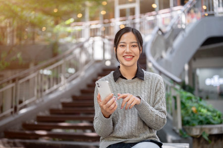 A beautiful, happy Asian woman in warm clothes sits outdoors on a bright day, holding a smartphone and smiling at the camera. people and wireless technology conceptsの写真素材
