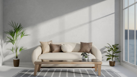 A minimalist white living room featuring a comfortable beige couch, a coffee table, houseplants, and...
