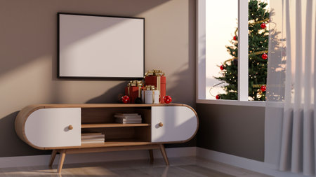 A comfortable home living room featuring Christmas gift boxes on a minimalist cabinet, a picture...