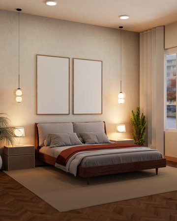 A cozy contemporary bedroom with a comfortable bed dressed in grey sheets, nightstands with lamps, empty picture frames on a white wall, and minimalist decor. 3d render, 3d illustrationの写真素材