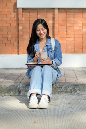 A beautiful, positive Asian female college student in denim clothes sits on the edge of a footpath at her university on a bright day, using her smartphone to read chats and text her friends.の写真素材