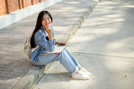 A beautiful young Asian female college student in a denim jacket and backpack sits on the edge of a footpath in her university on a bright day, smiling at the camera.の写真素材