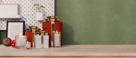 A font view of a wooden surface tabletop with gift boxes and decor against the green wall. a close-up image, 3d render, 3d illustrationの写真素材