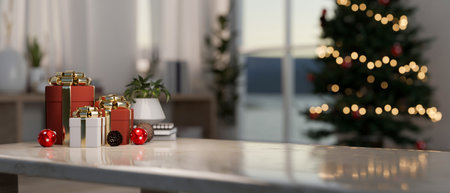 A close-up of a Christmas gift boxes and a copy space on a tabletop in a contemporary living room, illuminated by a glowing Christmas tree. 3d render, 3d illustrationの写真素材
