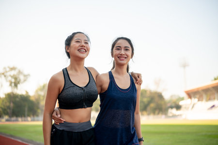 Portrait of two young, cheerful Asian female athlete friends in sportswear walking together in the stadium after running. friendship, people, sportの写真素材