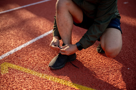 A close-up of a strong, athletic male runner tying his running shoes, getting ready to run at a stadium in the morning.の写真素材