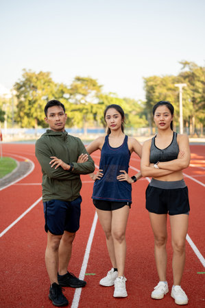 Portrait of confident Asian male and females athlete runners in sportswear, standing with their arms crossed in a stadium. people and sport conceptsの写真素材
