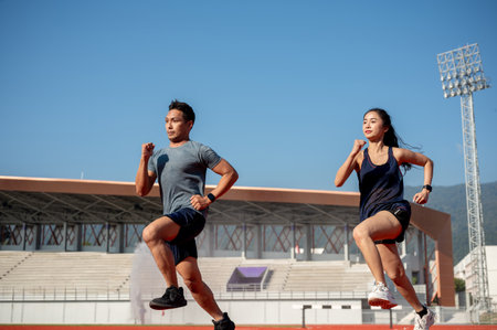 Two determined Asian athletes running on a track in a stadium on a sunny day. competition,...