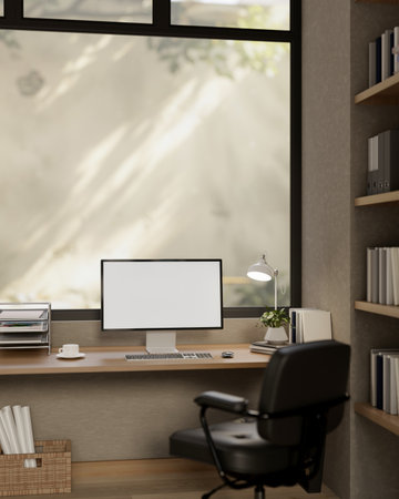 A comfortable, minimalist office featuring a computer with a white screen mockup and stuff on a wooden desk against the large window. 3d render, 3d illustrationの写真素材