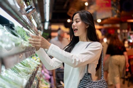 An attractive, happy Asian woman selecting fresh vegetables from a shelf while grocery shopping at a supermarket or grocery store. people, food, consumerism, lifestylesの写真素材