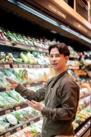 A handsome young Asian man selecting fresh vegetables from a shelf while grocery shopping at a supermarket or grocery store. people, food, consumerism, lifestylesの写真素材
