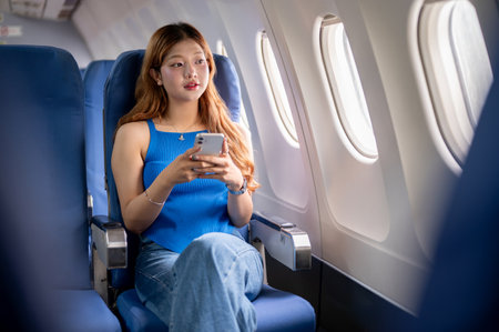 A beautiful Asian woman on a flight for her vacation trip looks out the window at the view while using her smartphone. passenger, transport, lifestyleの写真素材