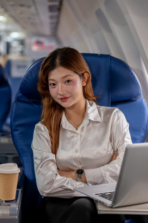 A confident, attractive Asian businesswoman sits in business class on the plane, flying abroad for a...