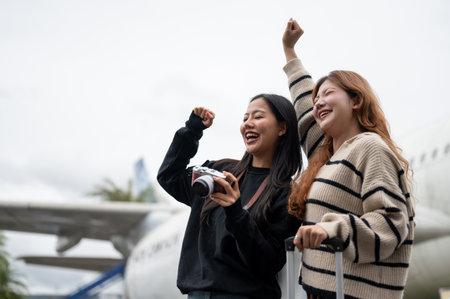 Two cheerful Asian female passengers with their luggage are standing outdoors at the airport, excited for their vacation together, with a plane in the background. traveling, transportation, lifestyleの写真素材