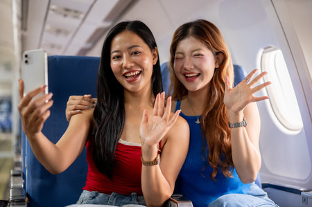 Two joyful and happy Asian female friends enjoy taking a selfie or recording a video together with a smartphone during the flight on their summer trip. lifestyle, passenger, vacation, transportの写真素材