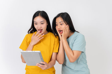 Two excited Asian female friends standing against an isolated white studio background, surprised by a special discount on a shopping website, looking at a digital tablet with expressions of amazement.の写真素材