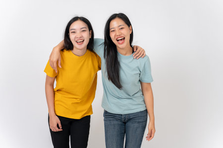 Two cheerful, lively Asian female best friends in casual clothes standing against a white studio background, smiling with joy, hugging with love, and fun laughing. friendship conceptの写真素材