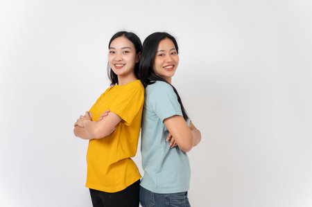 Two pretty Asian female friends in casual clothes standing back to back with their arms crossed against a white studio background, smiling at the camera. best friend, friendship, college studentsの写真素材