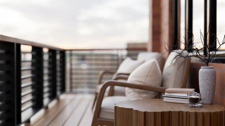 A close-up of a wooden side table on a contemporary apartment balcony relaxation space with a city view. 3d render, 3d illustrationの写真素材