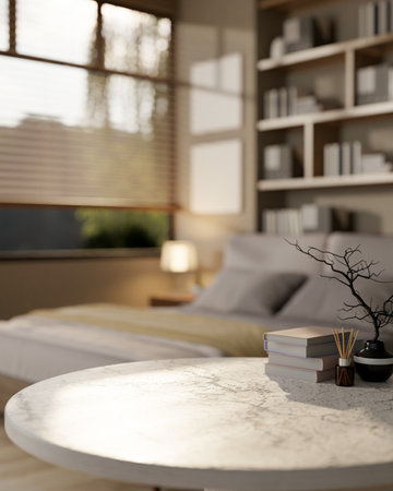A close-up of a white marble table with copy space for displaying a product, set against a blurred background of a comfortable and modern bedroom. 3d render, 3d illustrationの写真素材