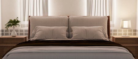 A close-up front view of a comfortable grey bed in the middle, flanked by minimalist wooden bedside tables and sleek decor. modern bedroom interior. 3d render, 3d illustrationの写真素材