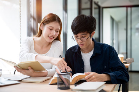 Two young Asian college students are studying and preparing for an exam together in a coffee shop or the campus library reading area, discussing a topic from a book. people and education conceptsの写真素材