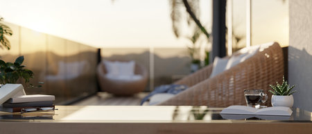 A close-up of a coffee table features books, a coffee cup, and decorative plants on an apartment balcony. 3d render, 3d illustrationの写真素材