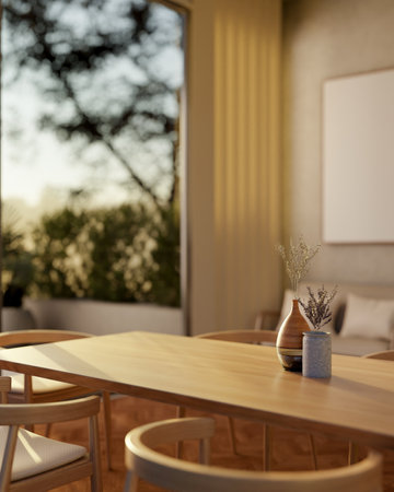 A beautiful hardwood dining table with armchairs in a contemporary home, illuminated by stunning natural light. home interior, 3d render, 3d illustrationの写真素材
