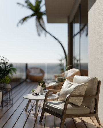 A minimalist comfortable armchair with a pillow placed on a balcony with a stunning beach view. home exterior, hotel, 3d render, 3d illustrationの写真素材