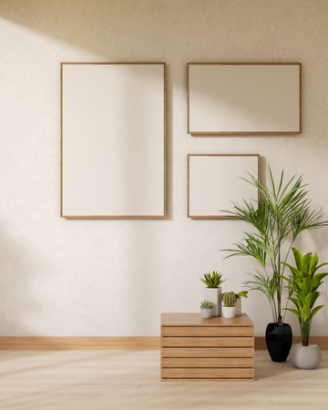 Minimalist picture frames are mounted on a white wall in a room featuring a wooden mini table,...