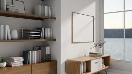The interior design of a contemporary minimalist room featuring a wooden cabinet by the window, a wooden bookshelf, a picture frame mounted on a white wall, and decor. 3d render, 3d illustrationの写真素材