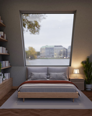 The interior design of a cosy, contemporary bedroom featuring a cosy bed against the large window with a city view, a bookshelf, and sleek home decor, illuminated by a lamp. 3d render, 3d illustrationの写真素材