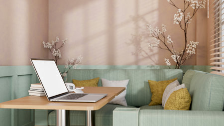 A laptop mockup placed on a wooden table in modern pastel cafe or office lounge featuring a light...