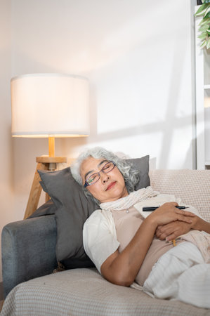 A relaxed Asian senior woman falls asleep while reading a book or writing her diary on the sofa at nighttime. domestic life, leisure, retirementの写真素材