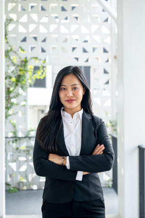 A portrait of a confident, successful Asian businesswoman in a formal business suit stands in a corridor with her arms crossed, smiling at the camera.の写真素材