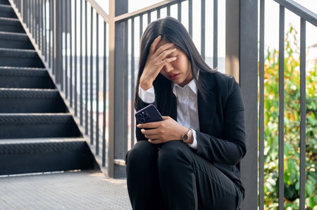 A stressed, overwhelmed Asian businesswoman sits on the stairs, covering her face and crying after being fired or having a bad day at work.の写真素材
