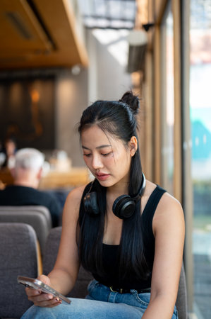 A beautiful, thoughtful Asian woman carefully reads text messages on her smartphone while relaxing in a coffee shop. people, lifestyles, and wireless technologyの写真素材