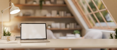 A white tabletop features a laptop and decorative items, illuminated by a table lamp in a cozy contemporary room. workspace, place of work, 3d render, 3d illustrationの写真素材