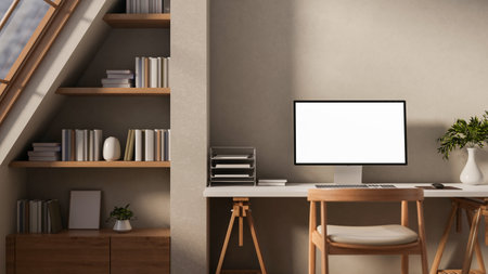 A contemporary Scandinavian apartment features a computer desk with a wooden armchair by the wall,...