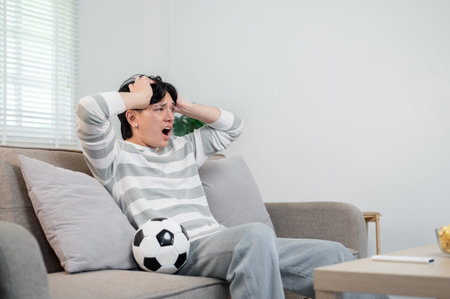 A shocked and disappointed young Asian man is watching his favorite football team lose to another team on TV at home.の写真素材