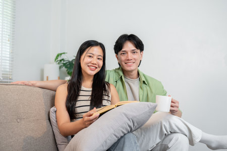 A portrait of a lovely, sweet young Asian couple sitting together on a sofa in the living room, smiling at the camera. healthy relationship, bonding, domestic lifeの写真素材