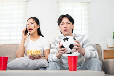 An excited young Asian man enjoys watching his favorite football team on the TV, while his girlfriend talks on the phone beside him in the living room.の写真素材