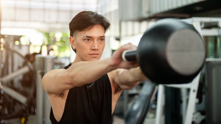 A determined and strong Asian man in sportswear is working out with a kettlebell, swinging it with...