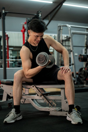 A muscular and strong Asian man in sportswear sits on a fitness bench, focused on lifting a dumbbell to train his biceps while exercising in the gym. sport training, weight trainingの写真素材
