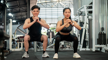 A sporty, athletic Asian couple in sportswear is training together in the gym, performing squats and...