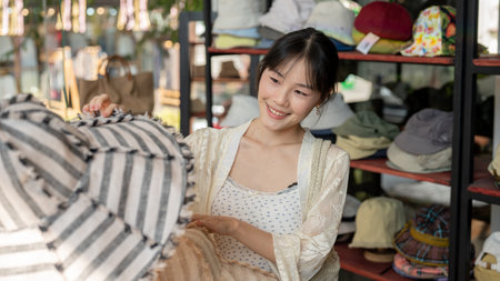 A pretty and satisfied Asian female customer enjoys selecting items to buy in a hat shop. A Chinese female tourist enjoys shopping in a store during her trip to Thailand.の写真素材