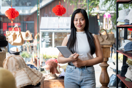 A confident, gorgeous Asian female hat shop owner or employee stands in her shop with a digital...