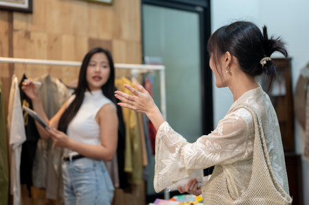 An Asian female customer is calling a shop employee to help her find the item she wants while shopping alone at a clothing store. lifestyle, shopping, consumerismの写真素材