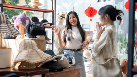 A smiling, service-minded Asian female shop employee or manager is recommending new items to a customer, helping them select items from her shop. shopping and lifestyle conceptsの写真素材