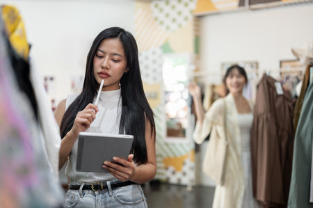 A thoughtful and focused Asian female clothing store employee is checking the stock of items in her store and on the tablet while customers shop around. small business, entrepreneurの写真素材